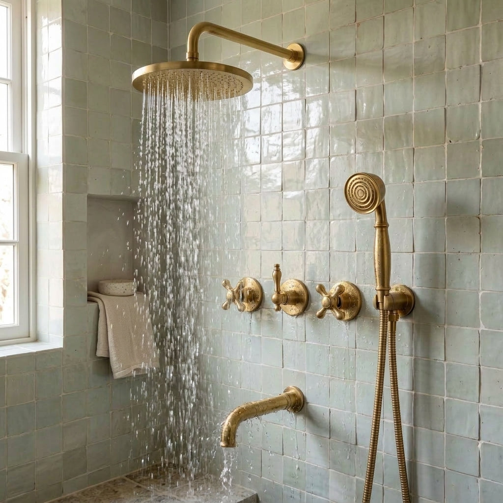 Brass rain shower system with handheld shower and tub spout against green tiles