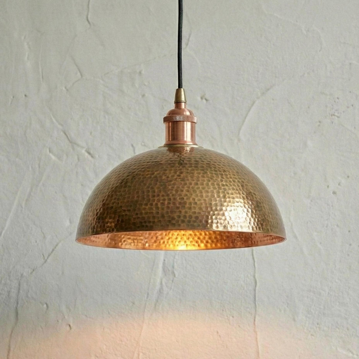 Handmade hammered brass pendant light with aged gold finish