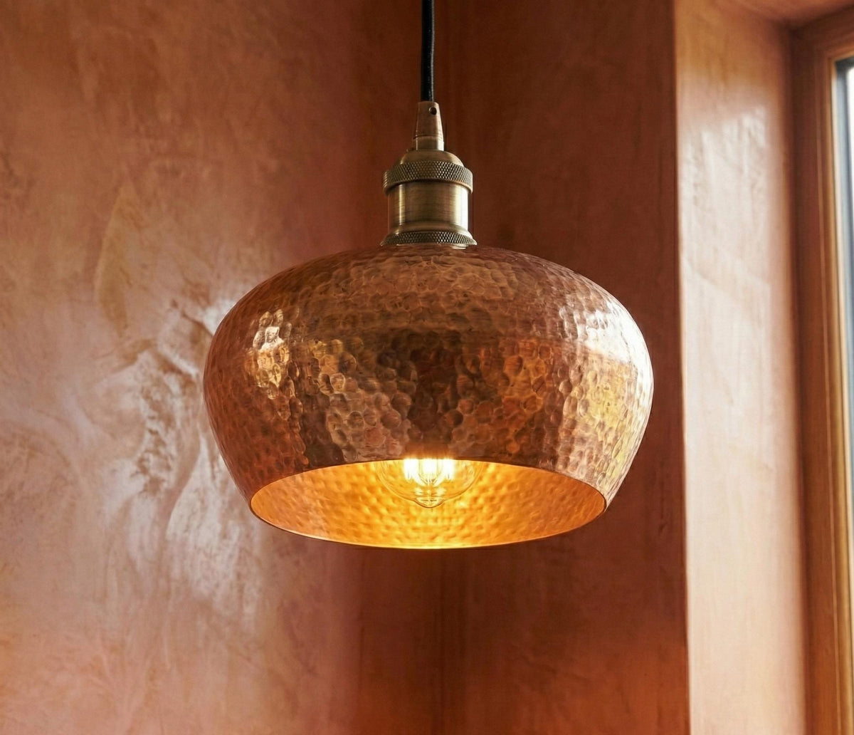 Handmade hammered copper pendant light for kitchen island