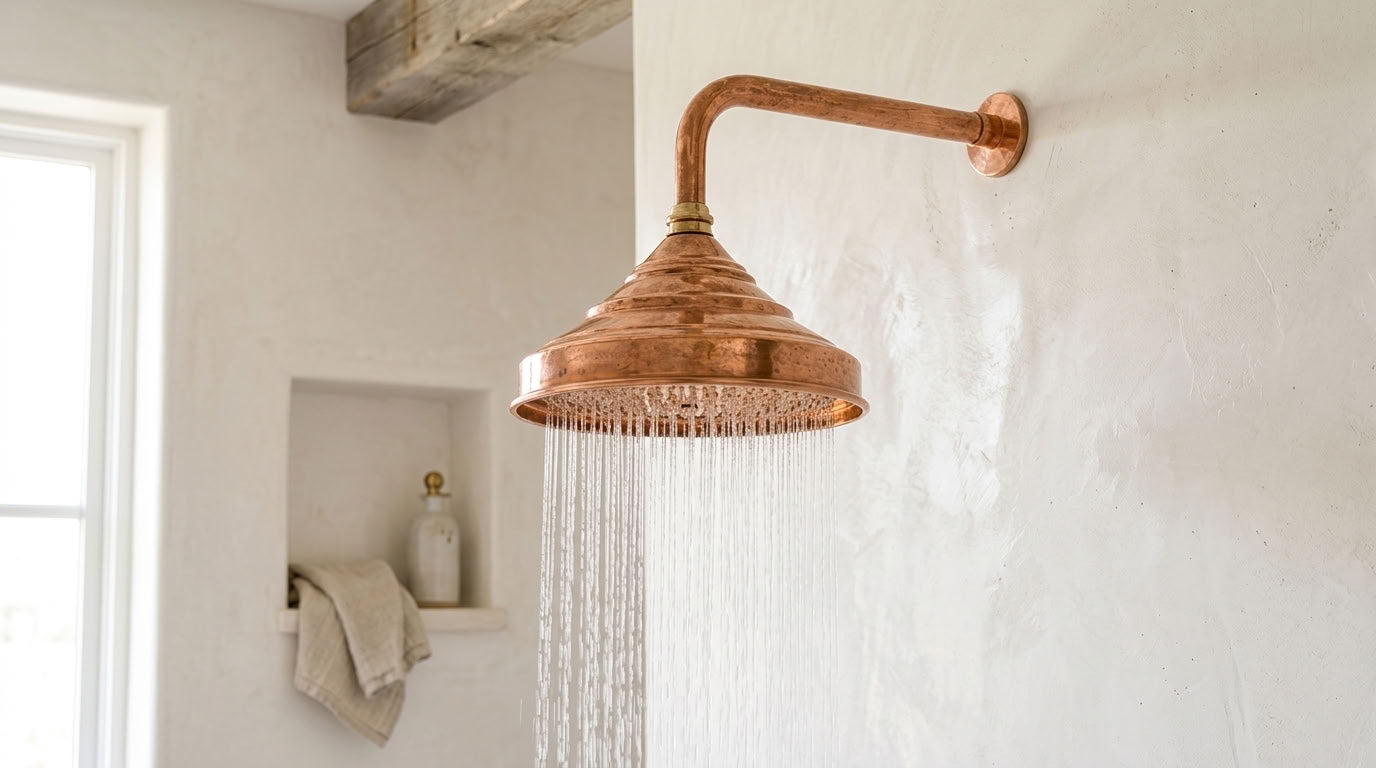 Handmade Bell Rain Shower Head with Decorative Wall Arm, copper finish, view 1