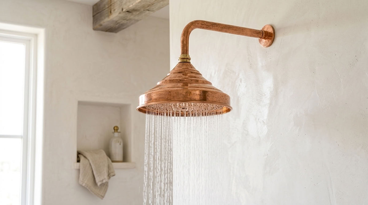 Handmade Bell Rain Shower Head with Decorative Wall Arm, copper finish, view 1