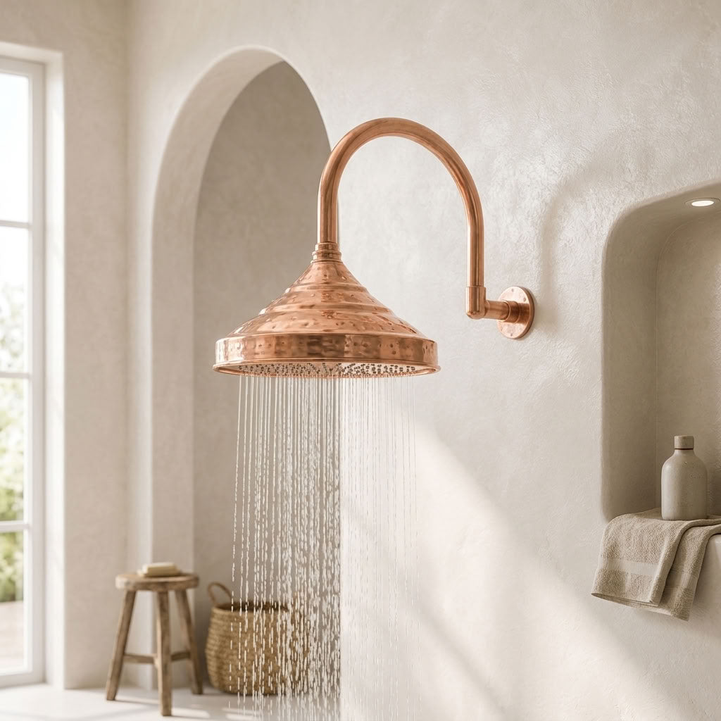 Bell Rain Shower Head with High-Arch Gooseneck Wall Arm, copper finish, view 1
