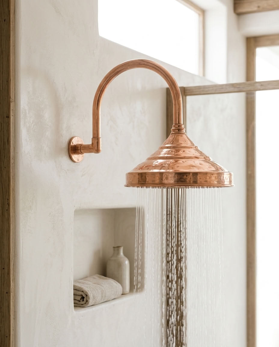 Bell Rain Shower Head with High-Arch Gooseneck Wall Arm, copper finish, view 2