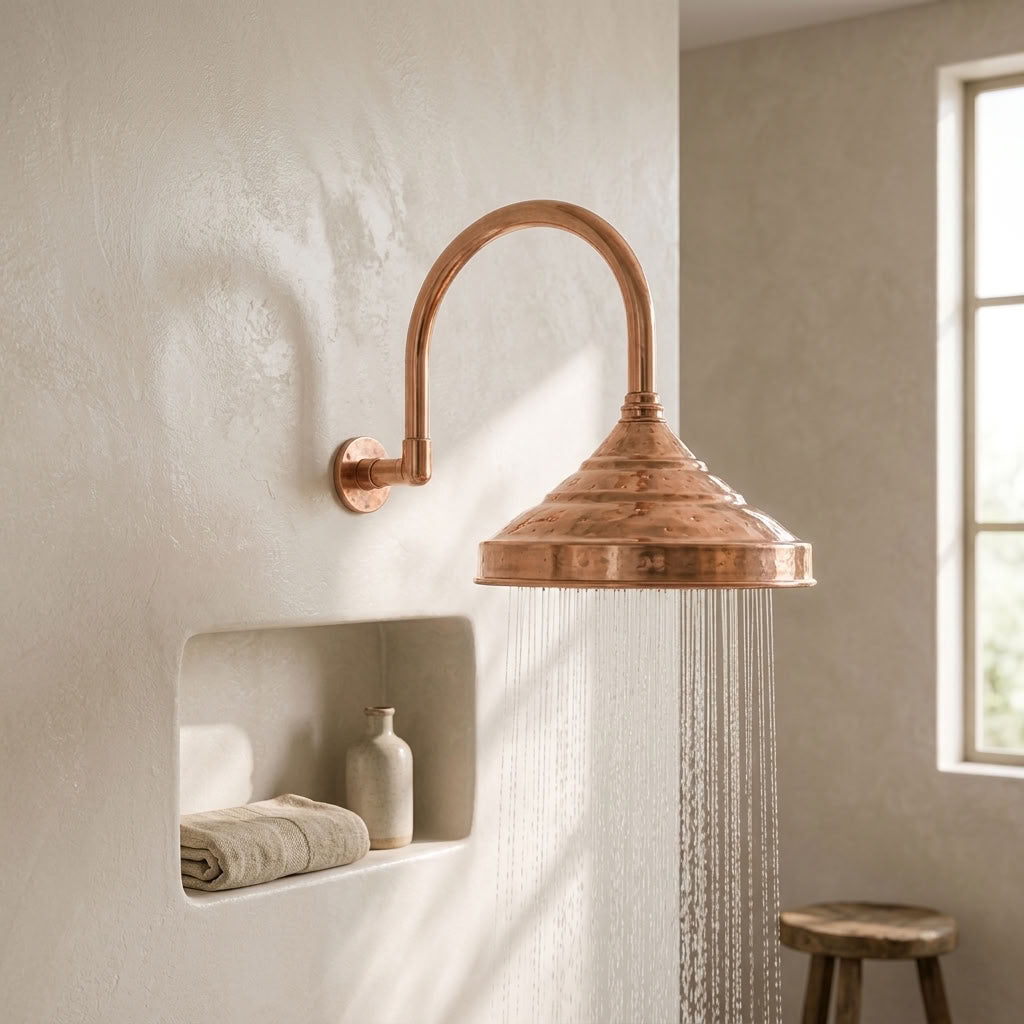 Bell Rain Shower Head with High-Arch Gooseneck Wall Arm, copper finish, view 3