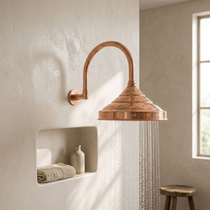 Bell Rain Shower Head with High-Arch Gooseneck Wall Arm, copper finish, view 3