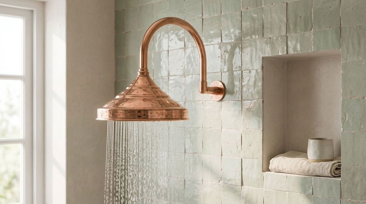 Bell Rain Shower Head with High-Arch Gooseneck Wall Arm, copper finish, view 4