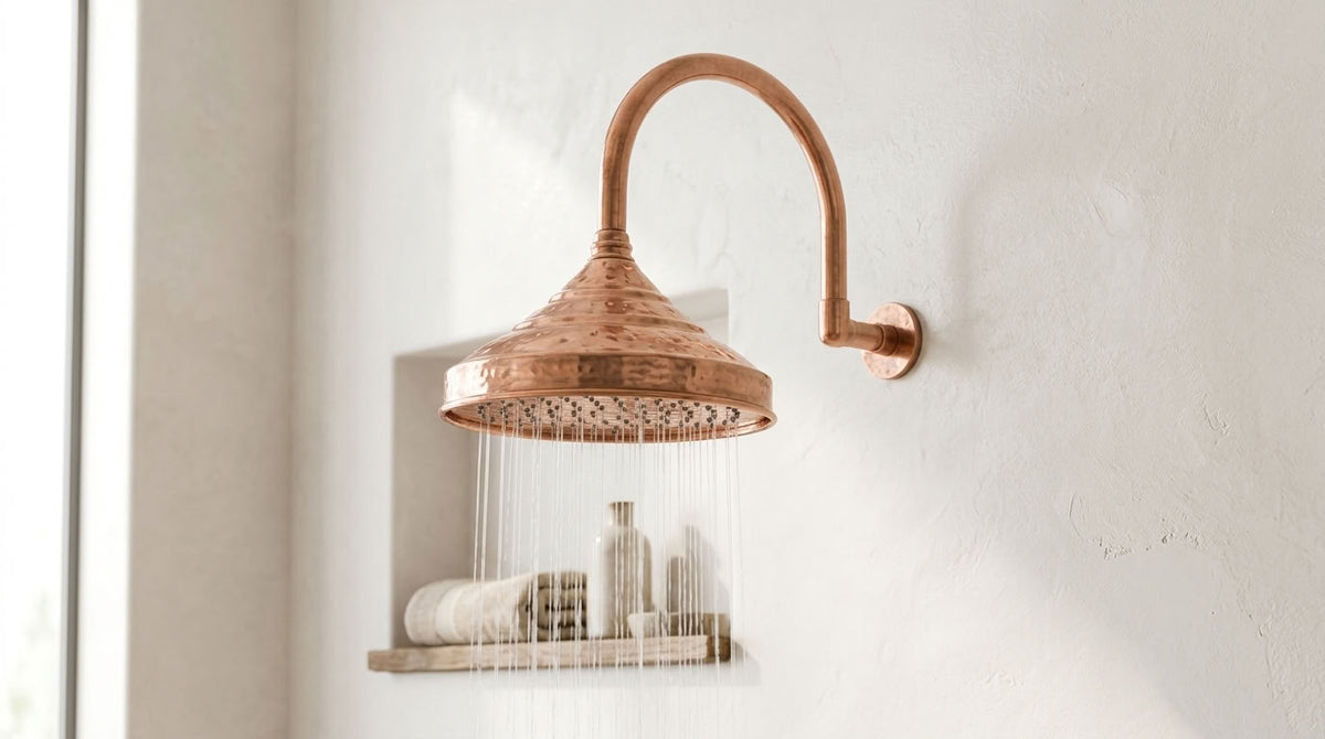 Bell Rain Shower Head with High-Arch Gooseneck Wall Arm, copper finish, view 5
