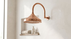 Bell Rain Shower Head with High-Arch Gooseneck Wall Arm, copper finish, view 5