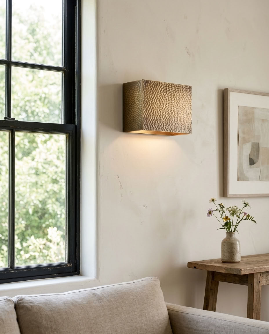 Hammered brass square wall sconce with soft indirect ambient lighting — view 3