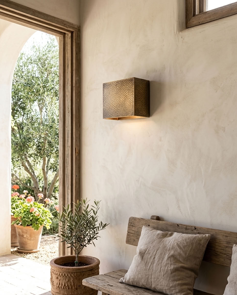 Hammered brass square wall sconce with soft indirect ambient lighting — view 4