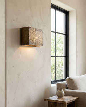 Hammered brass square wall sconce with soft indirect ambient lighting — view 5