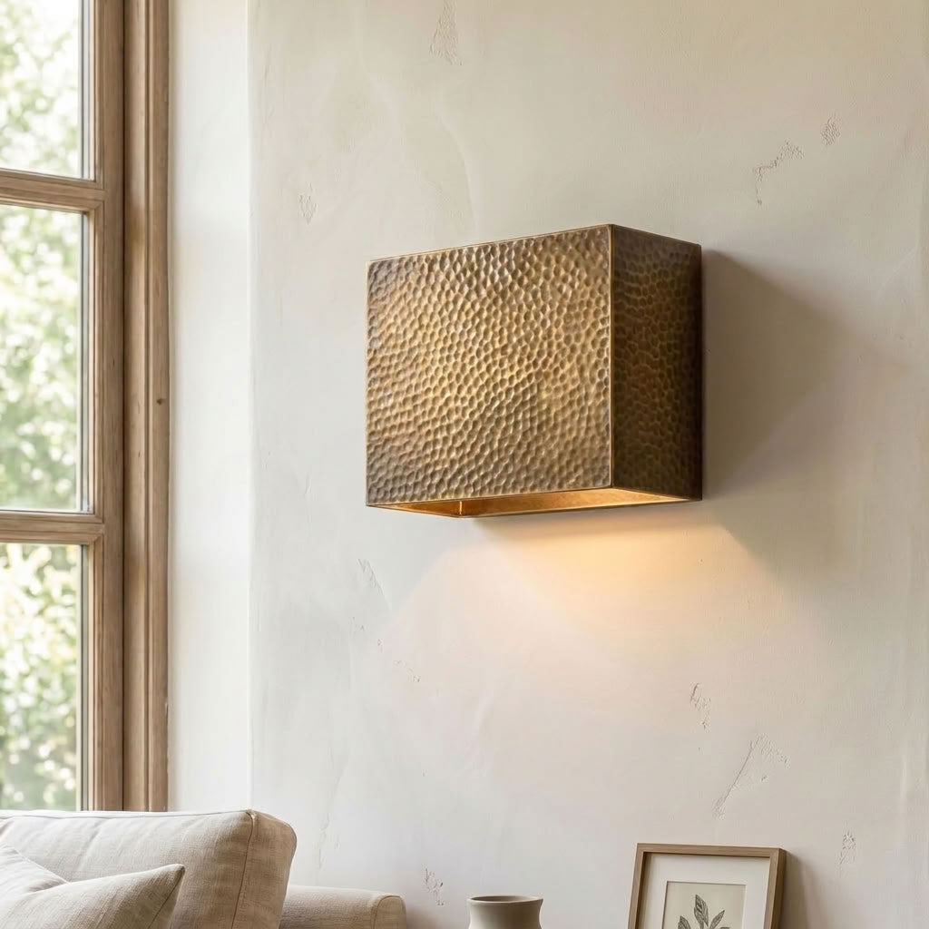 Hammered brass square wall sconce with soft indirect ambient lighting — view 6