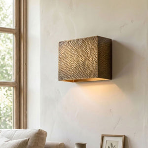 Hammered brass square wall sconce with soft indirect ambient lighting — view 6