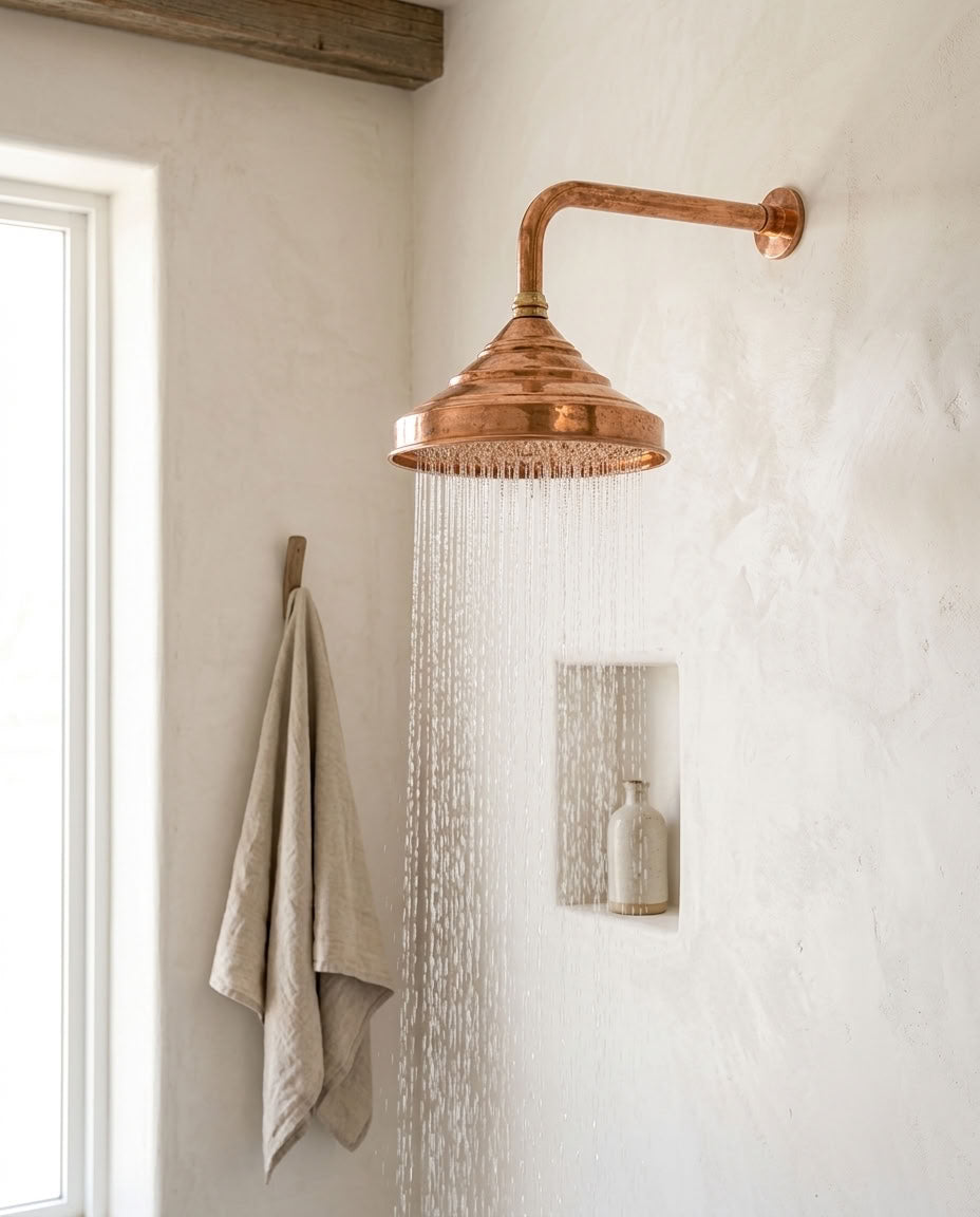 Handmade Bell Rain Shower Head with Decorative Wall Arm, copper finish, view 2