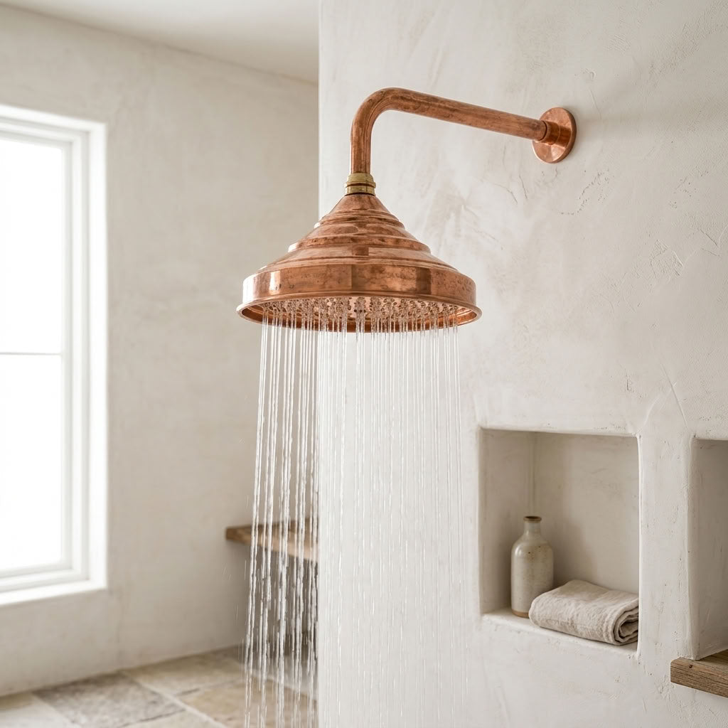 Handmade Bell Rain Shower Head with Decorative Wall Arm, copper finish, view 5