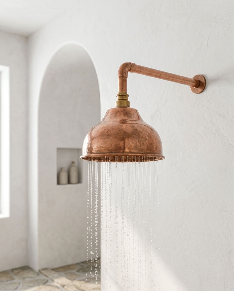 Handmade Dome Rain Shower Head with Wall-Mount Arm, copper finish, view 1