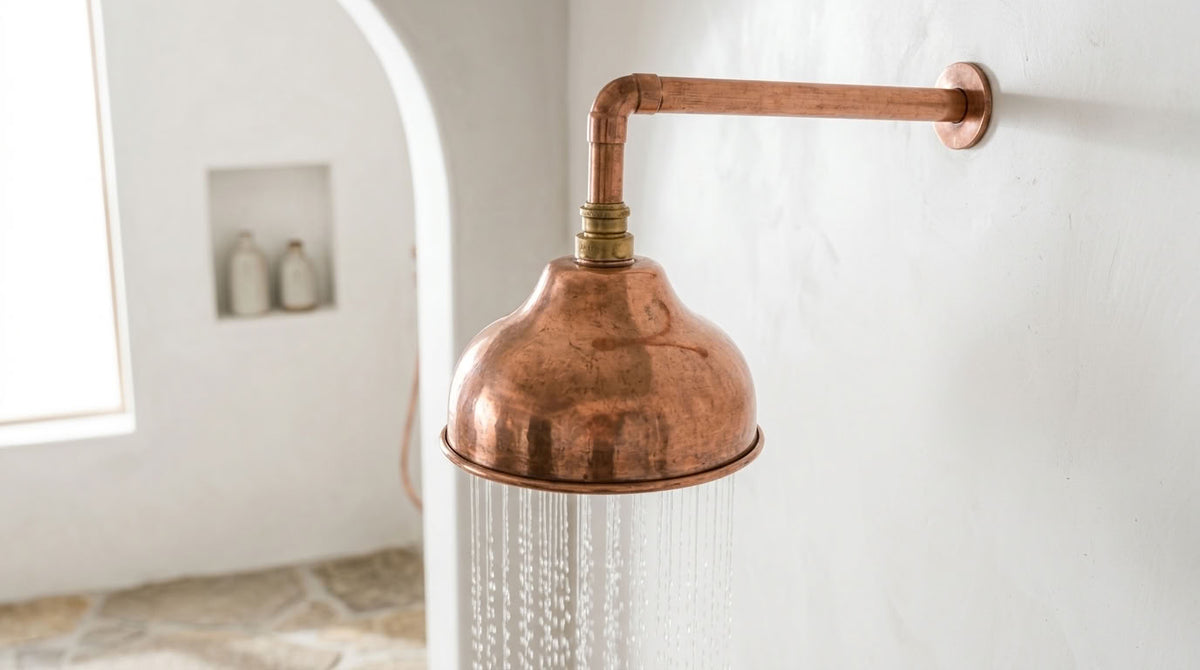 Handmade Dome Rain Shower Head with Wall-Mount Arm, copper finish, view 2