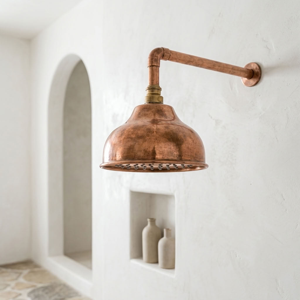 Handmade Dome Rain Shower Head with Wall-Mount Arm, copper finish, view 3