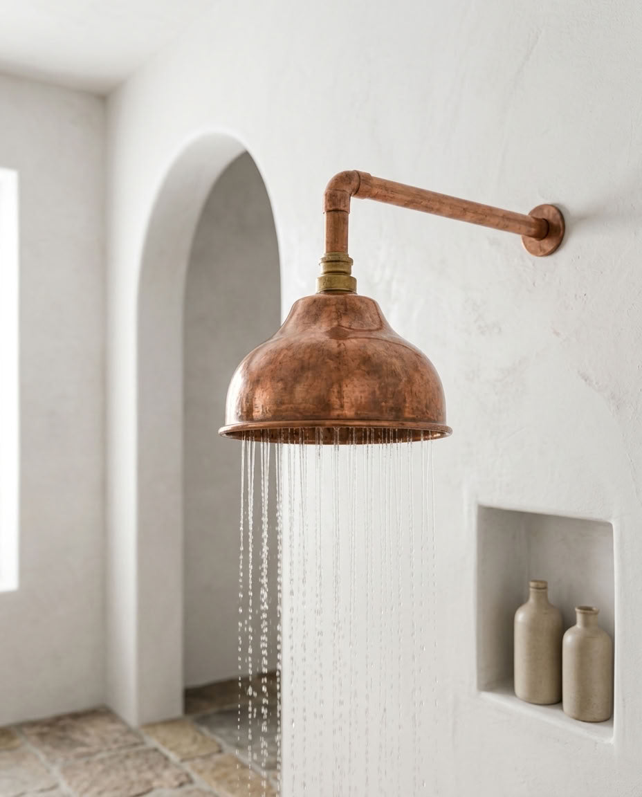 Handmade Dome Rain Shower Head with Wall-Mount Arm, copper finish, view 4