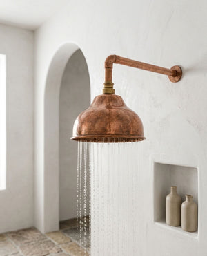 Handmade Dome Rain Shower Head with Wall-Mount Arm, copper finish, view 4