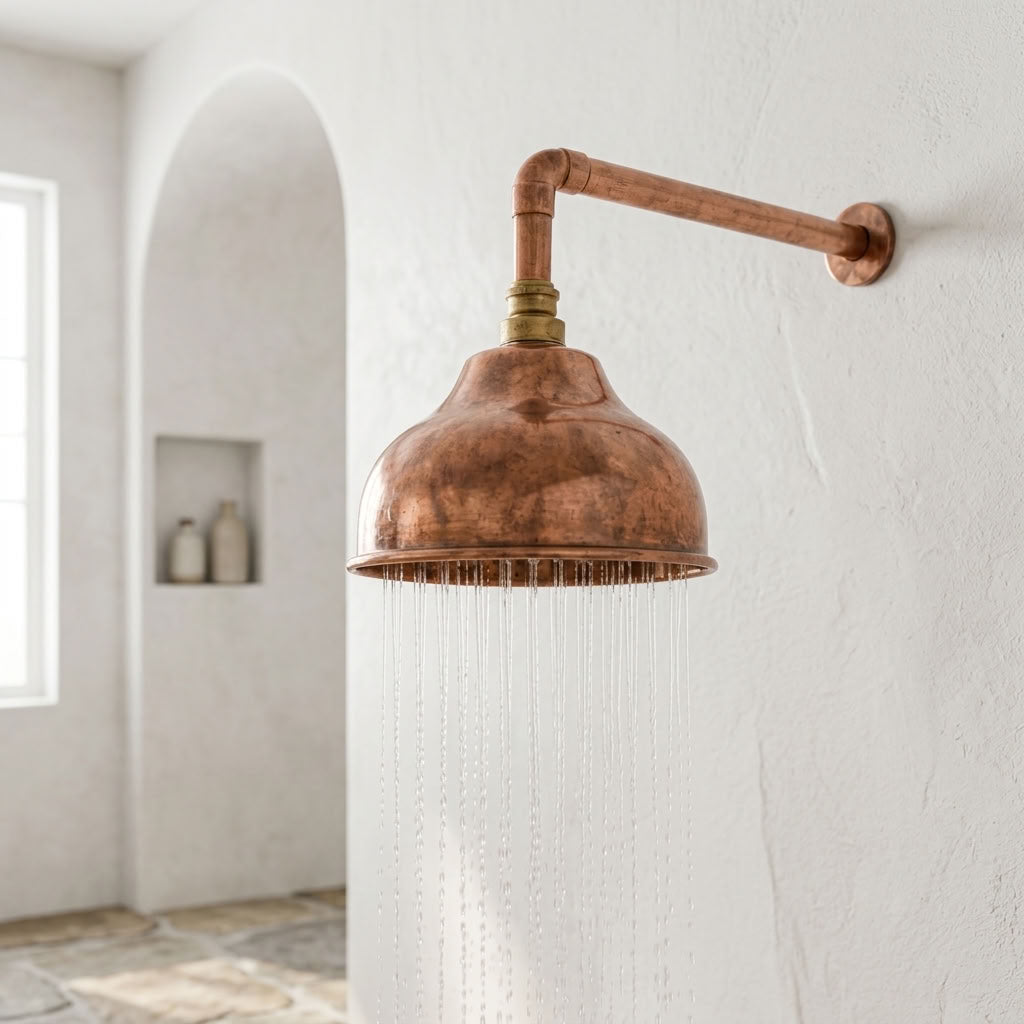 Handmade Dome Rain Shower Head with Wall-Mount Arm, copper finish, view 5