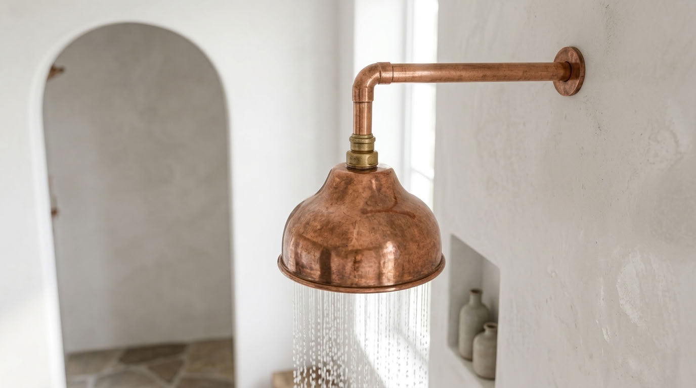 Handmade Dome Rain Shower Head with Wall-Mount Arm, copper finish, view 6
