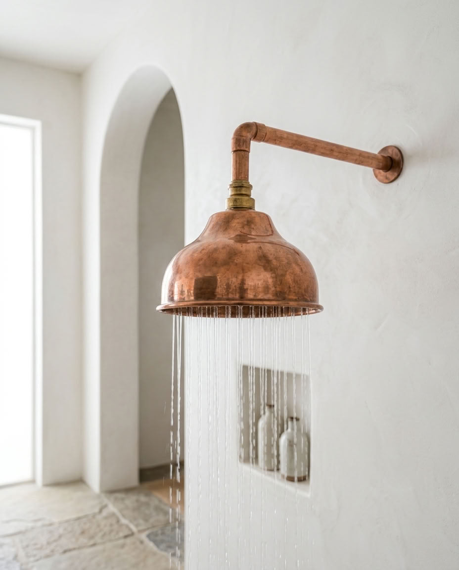 Handmade Dome Rain Shower Head with Wall-Mount Arm, copper finish, view 7