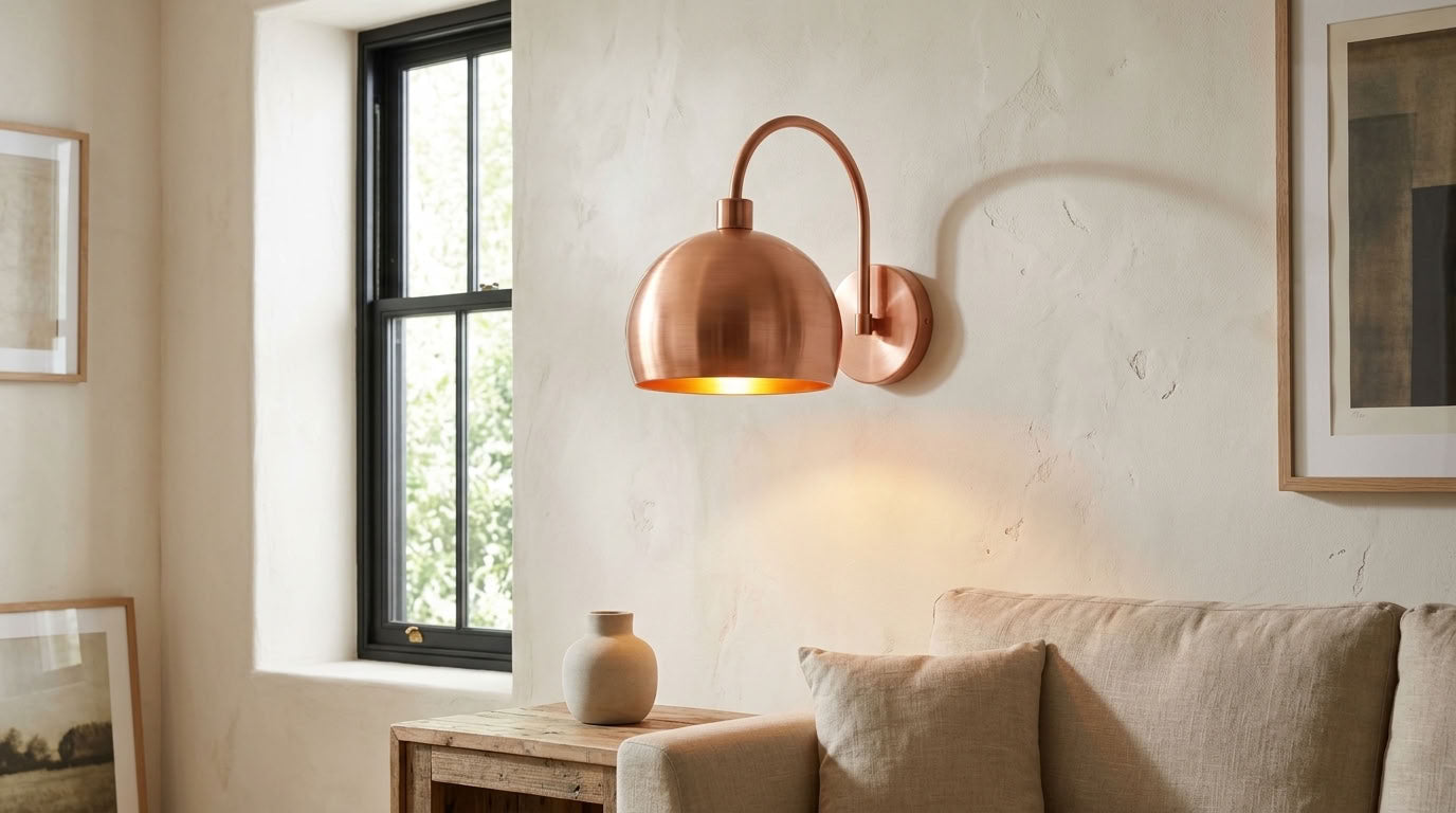 Modern smooth copper dome wall sconce with arched arm and warm light — view 3