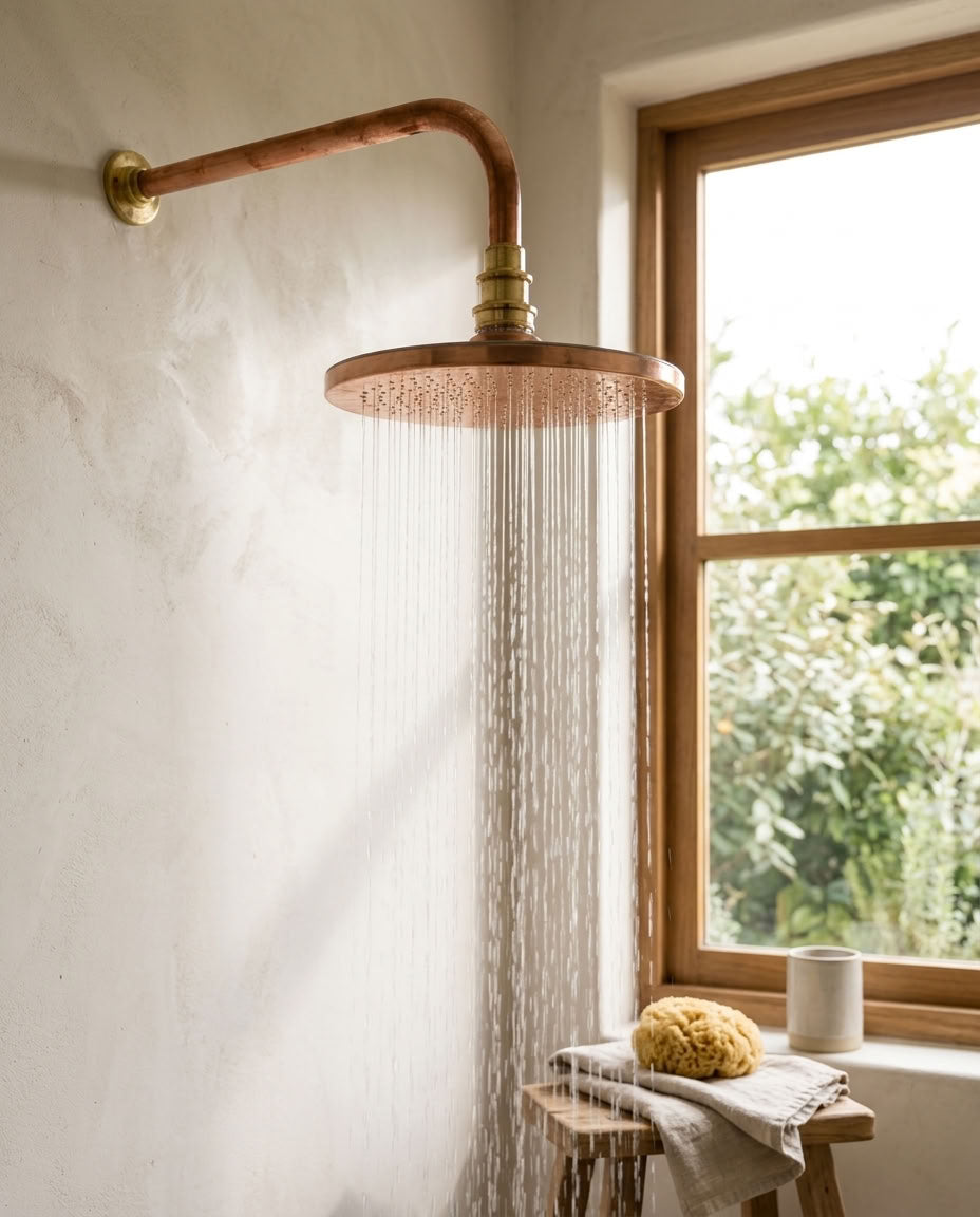 Round Hammered Rain Shower Head with Wall-Mount Arm, copper finish, view 1
