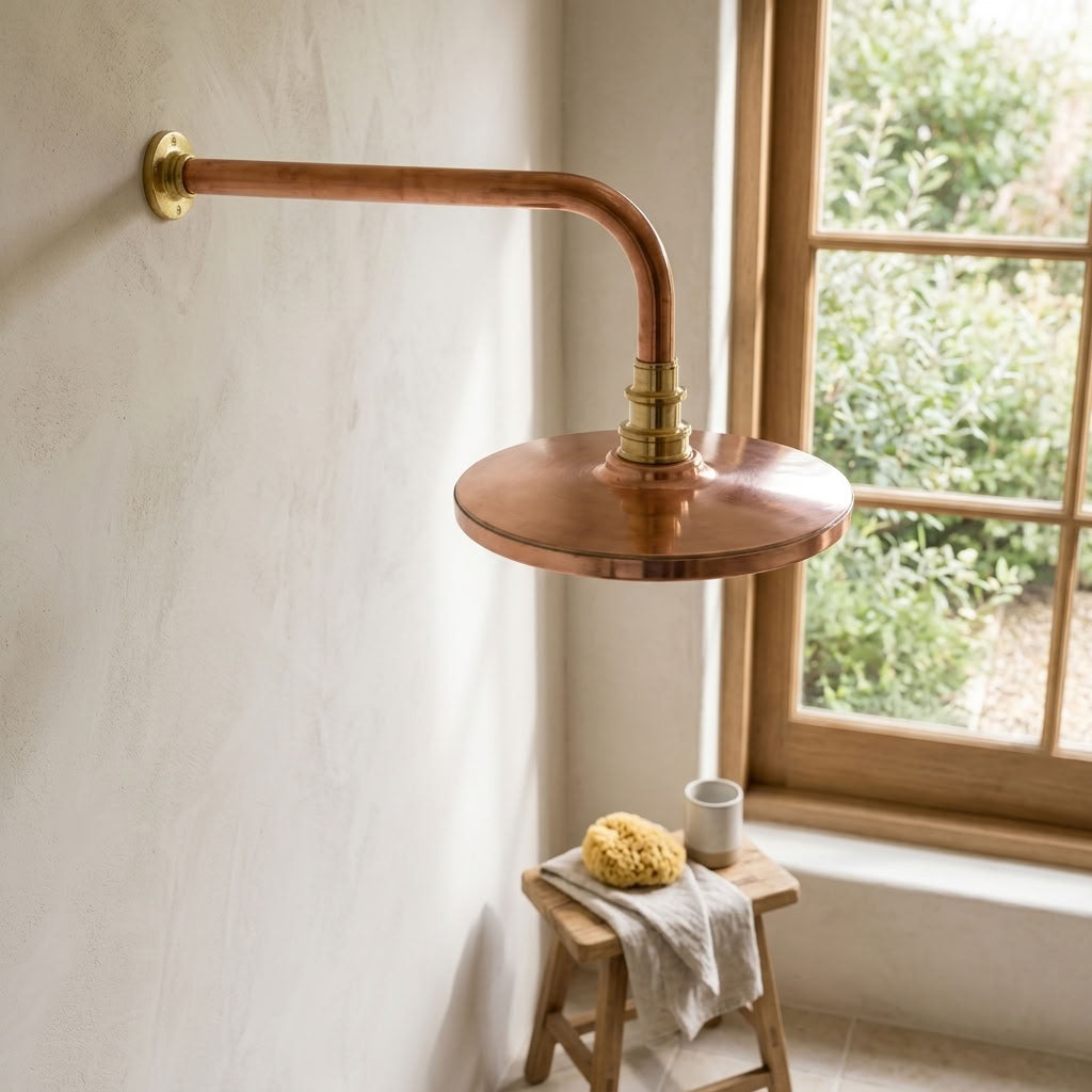 Round Hammered Rain Shower Head with Wall-Mount Arm, copper finish, view 2