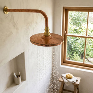 Round Hammered Rain Shower Head with Wall-Mount Arm, copper finish, view 3