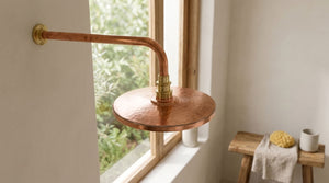 Round Hammered Rain Shower Head with Wall-Mount Arm, copper finish, view 4