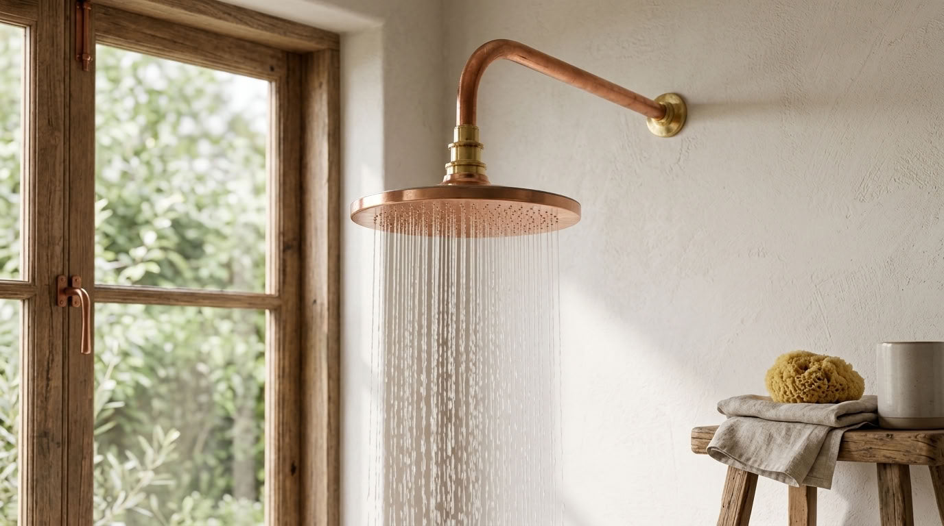 Round Hammered Rain Shower Head with Wall-Mount Arm, copper finish, view 5