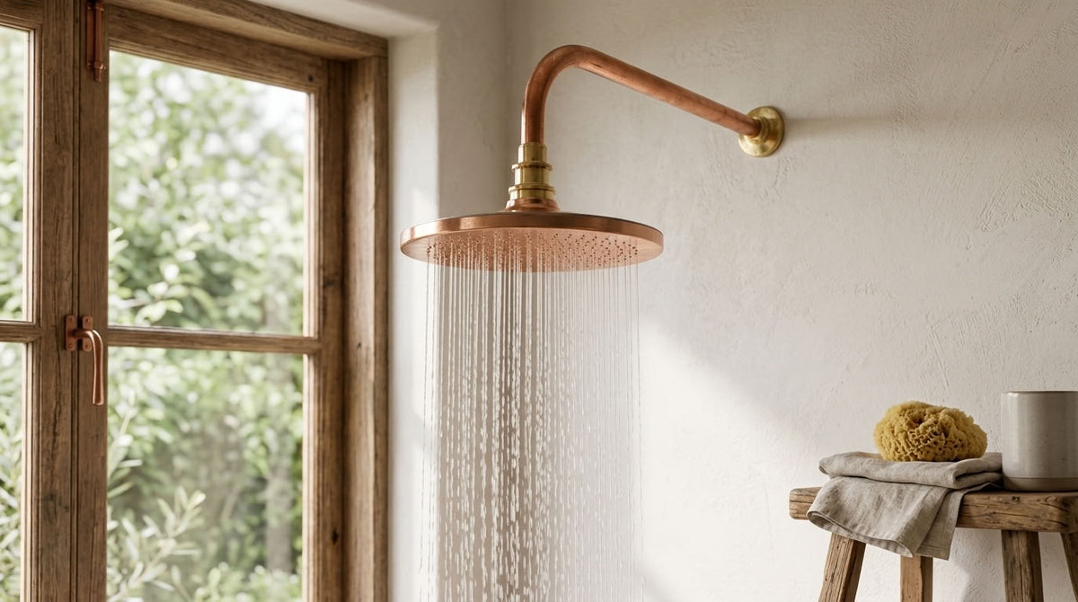 Round Hammered Rain Shower Head with Wall-Mount Arm, copper finish, view 5