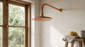 Round Hammered Rain Shower Head with Wall-Mount Arm, copper finish, view 5