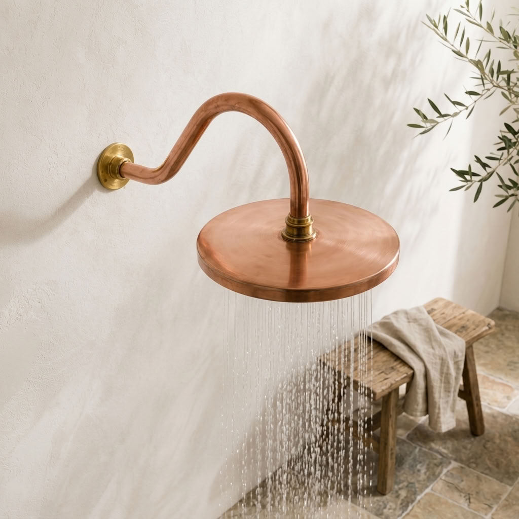 Round Rain Shower Head with Curved Gooseneck Wall Arm, copper finish, view 1
