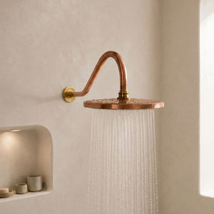 Round Rain Shower Head with Curved Gooseneck Wall Arm, copper finish, view 2