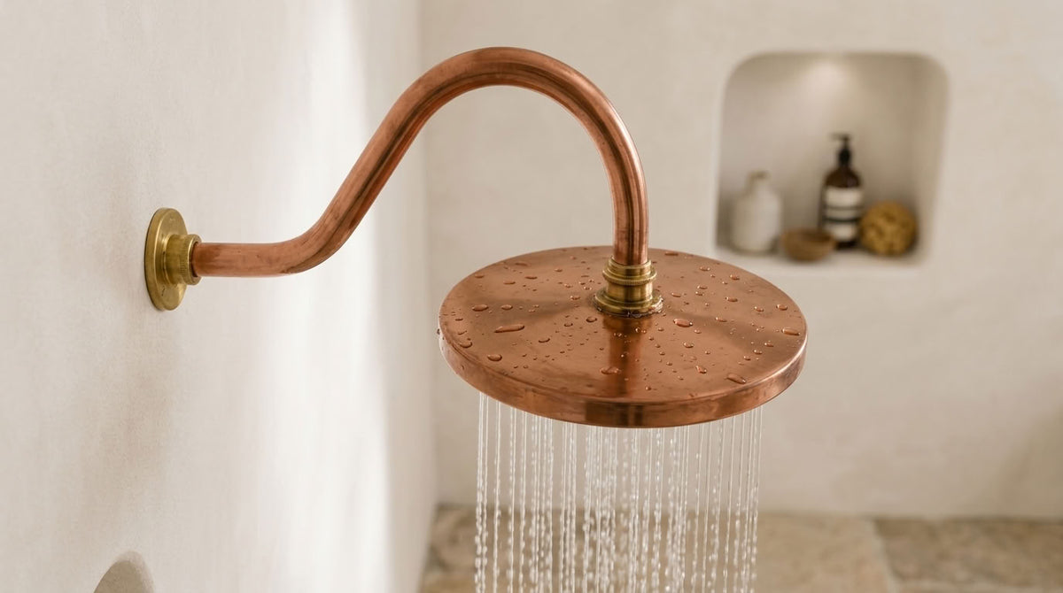 Round Rain Shower Head with Curved Gooseneck Wall Arm, copper finish, view 3