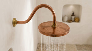 Round Rain Shower Head with Curved Gooseneck Wall Arm, copper finish, view 3