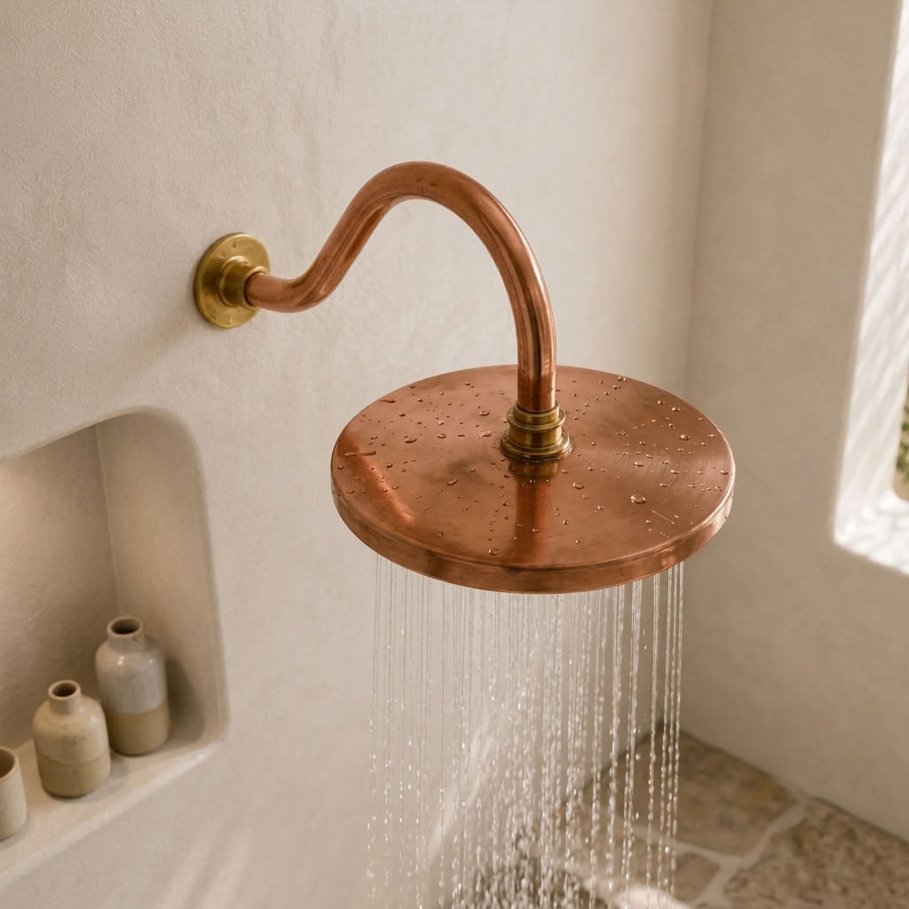 Round Rain Shower Head with Curved Gooseneck Wall Arm, copper finish, view 4