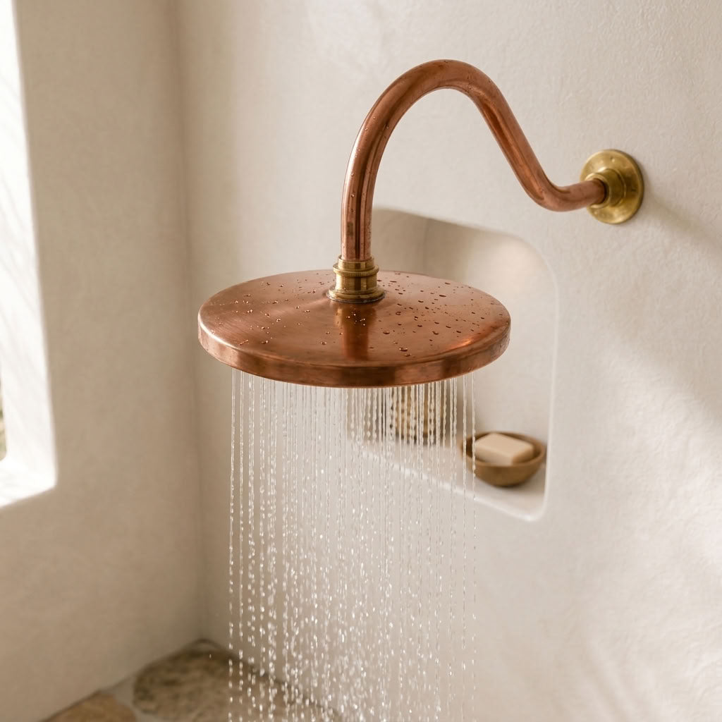 Round Rain Shower Head with Curved Gooseneck Wall Arm, copper finish, view 5