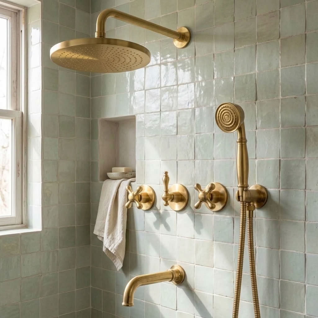 Round Rain Shower System with Handheld Shower & Tub Spout, brass finish, view 2