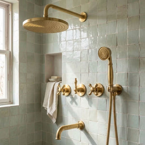 Round Rain Shower System with Handheld Shower & Tub Spout, brass finish, view 2