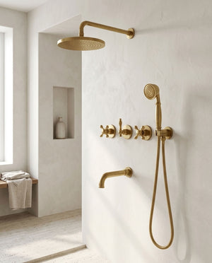 Round Rain Shower System with Handheld Shower & Tub Spout, brass finish, view 3