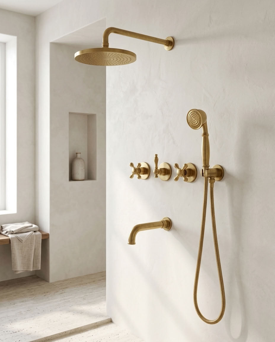 Round Rain Shower System with Handheld Shower & Tub Spout, brass finish, view 3