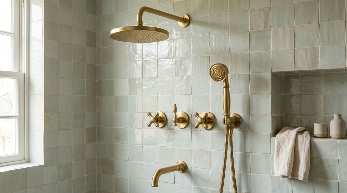 Round Rain Shower System with Handheld Shower & Tub Spout, brass finish, view 4