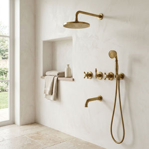 Round Rain Shower System with Handheld Shower & Tub Spout, brass finish, view 5