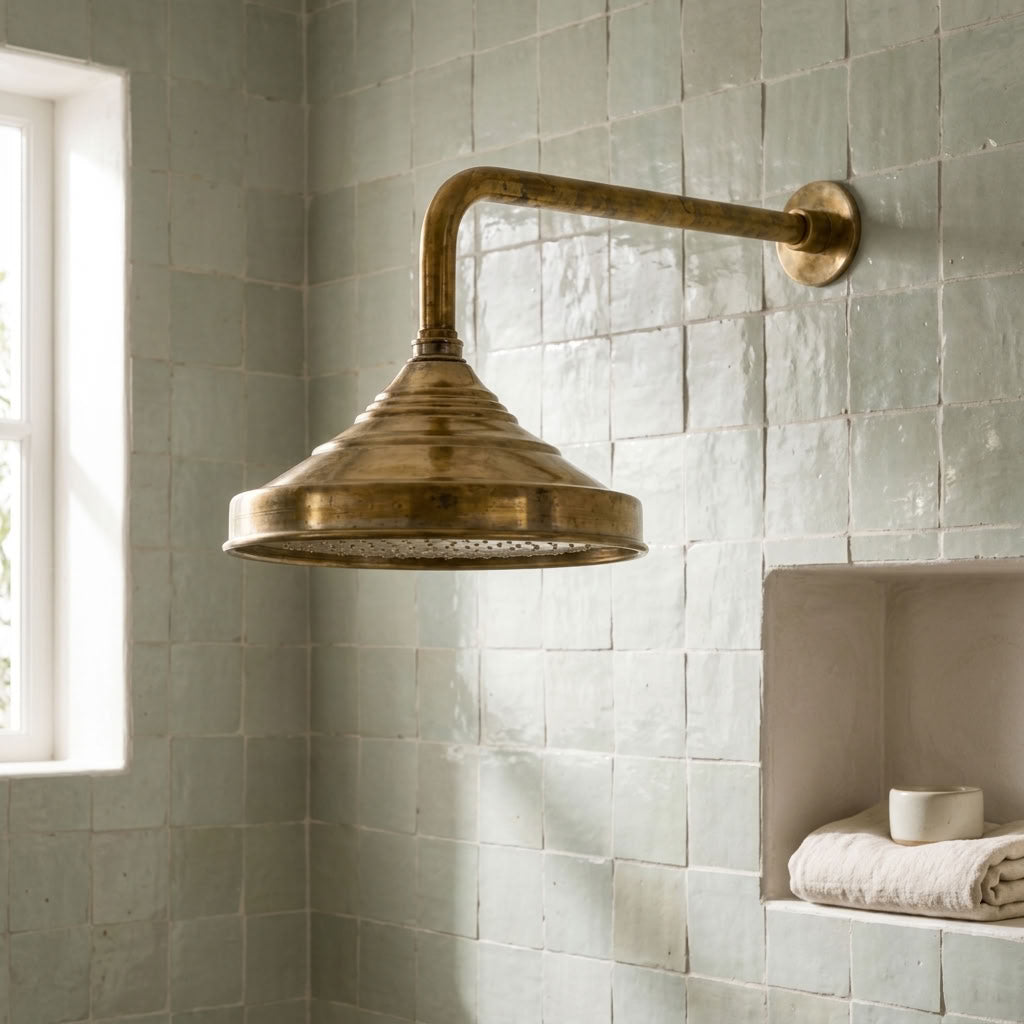 Traditional Bell Rain Shower Head with Stepped Wall Arm, brass finish, view 1