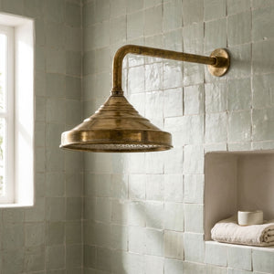 Traditional Bell Rain Shower Head with Stepped Wall Arm, brass finish, view 1