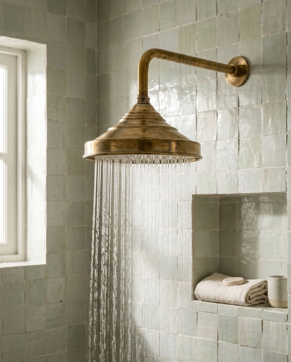 Traditional Bell Rain Shower Head with Stepped Wall Arm, brass finish, view 2